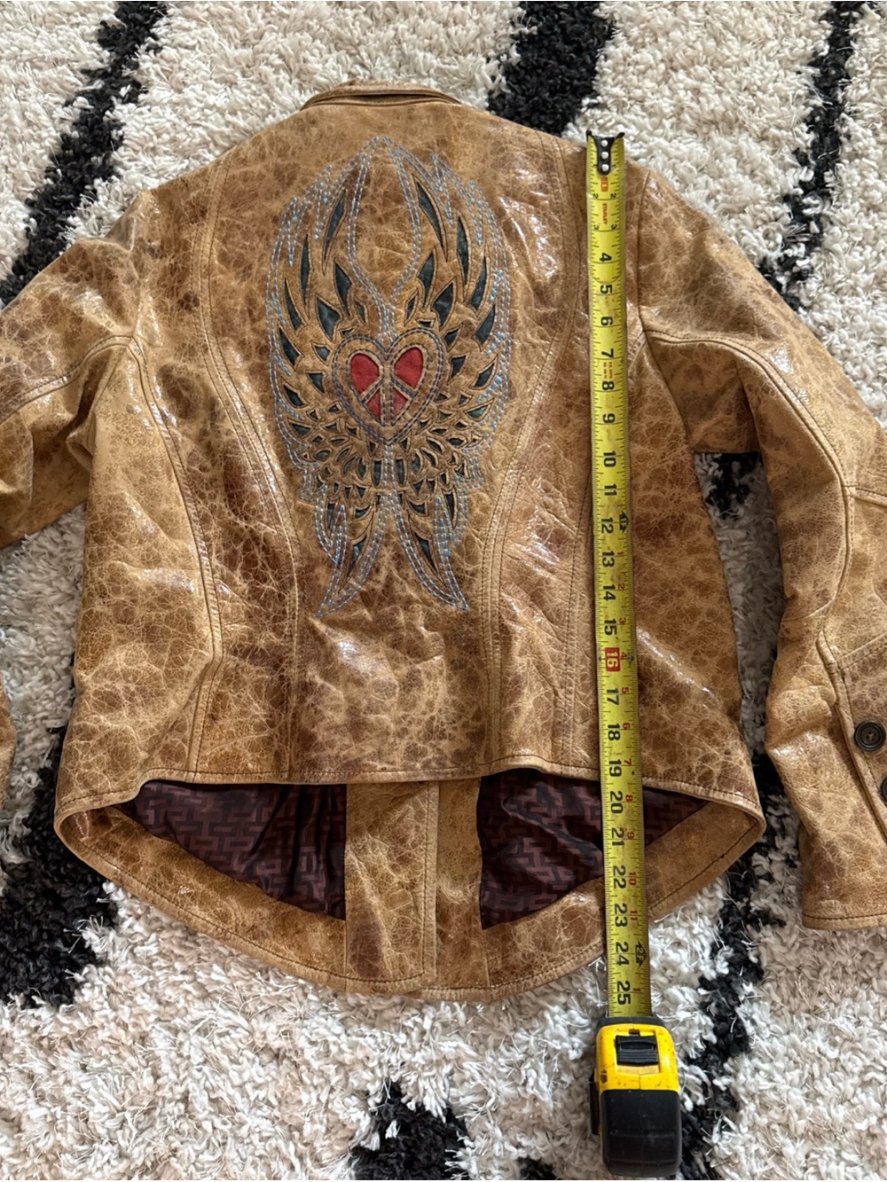 Distressed Tan Leather Jacket with Embroidered Wing & Heart Back - Picture 12 of 15